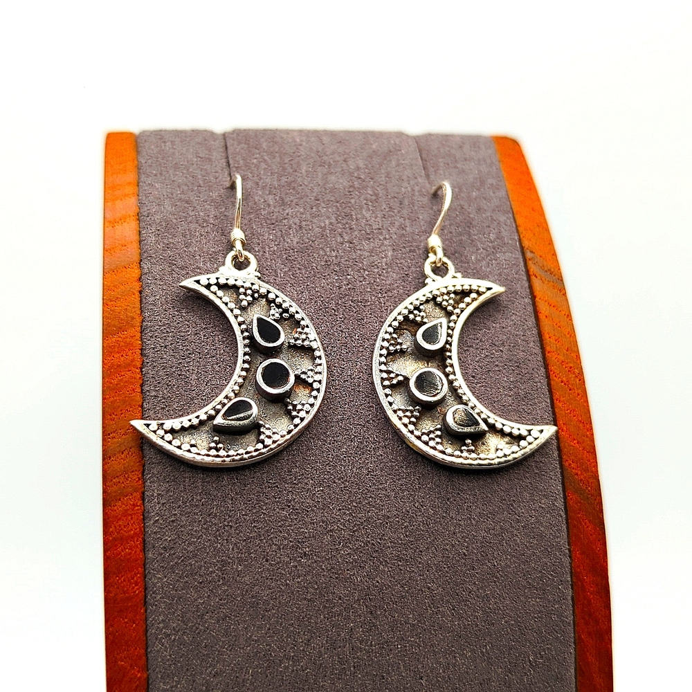 925 Antiqued Sterling Silver & Onyx Quarter Moon Earrings NWOT